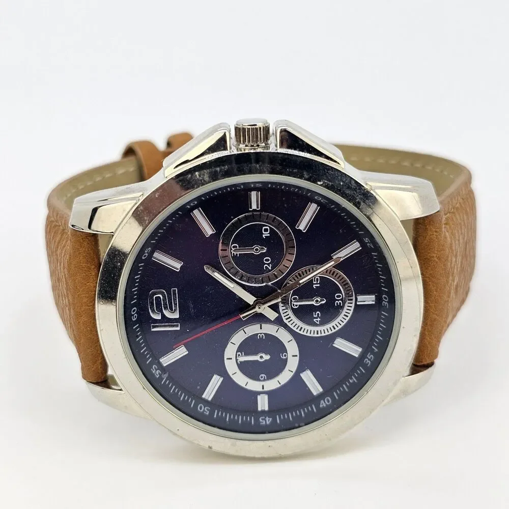 Men's Watch 47MM Blue Dial‎ Brown Faux Leather Bands New Battery